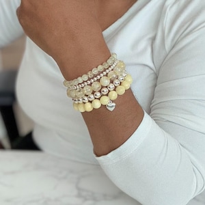 Yellow Beaded Stack Bracelet, Citrine Hematite Stretch Bracelet, Yellow Layered Beaded Bracelet, Silver and Yellow Gemstone Bracelet For Her