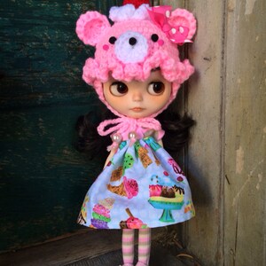 Crochet Strawberry or Mint Chip Ice Cream Bear Hat Beanie Helmet for Blythe Doll image 2