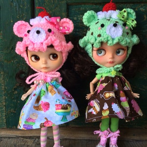Crochet Strawberry or Mint Chip Ice Cream Bear Hat Beanie Helmet for Blythe Doll image 3