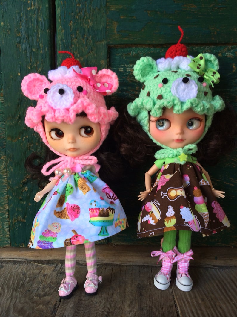 Crochet Strawberry or Mint Chip Ice Cream Bear Hat Beanie Helmet for Blythe Doll image 3