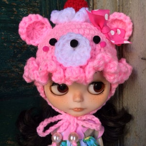 Crochet Strawberry or Mint Chip Ice Cream Bear Hat Beanie Helmet for Blythe Doll image 5