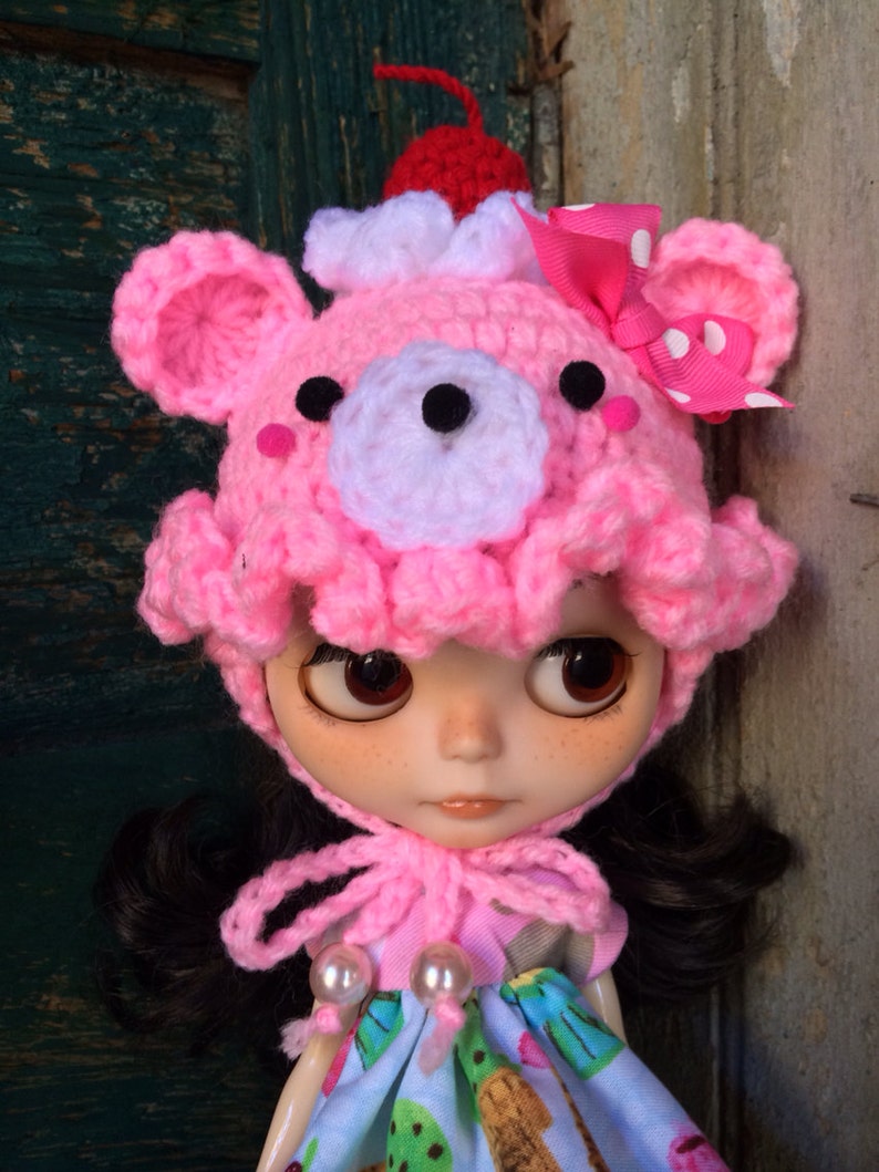 Crochet Strawberry or Mint Chip Ice Cream Bear Hat Beanie Helmet for Blythe Doll image 5