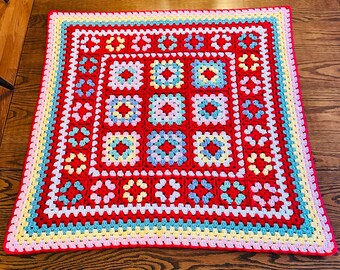 35x35 Baby Size Handmade Crocheted Afghan - Medium Weight Blanket - Old World Dutch Traditional Handiwork - Granny Squares - FREE SHIP