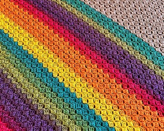 66x74 Handmade Crocheted Afghan - Lightweight Blanket - Old World Dutch Traditional Handiwork - Diagonal Bright Color Stripes - FREE SHIP