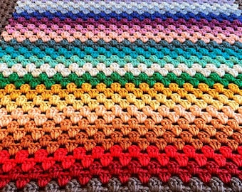 47x63 Handmade Crocheted Afghan - Medium Weight Blanket - Old World Dutch Traditional Handiwork - Rainbow Color Stripes - FREE SHIP