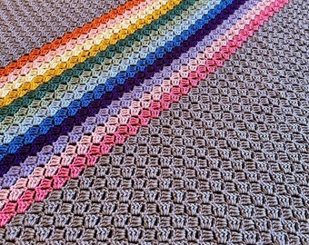 49x73 Handmade Crocheted Afghan - Lightweight Blanket - Old World Dutch Traditional Handiwork - Diagonal Bright Color Stripes - FREE SHIP