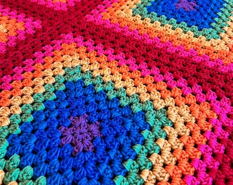 46x66 Handmade Crocheted Afghan - Lightweight Blanket - Old World Dutch Traditional Handiwork - Bright Rainbow Granny Squares - FREE SHIP