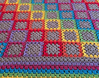 69x74 Handmade Crocheted Afghan - Medium Weight Blanket - Old World Dutch Traditional Handiwork - Rainbow Granny Squares - FREE SHIP
