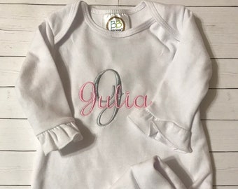 Monogrammed Baby Gown: White Ruffle Sleeve Coming Home Outfit