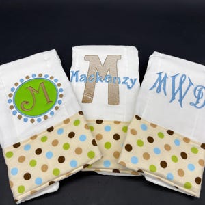 Personalized Baby Boy Burp Cloth Set: Polka Dot Trim