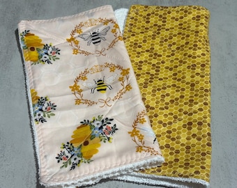 Paño de cocina con estampado de abejas, hecho a mano, reutilizable, de algodón y rizo, ecológico, estilo rústico.