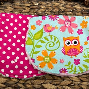Baby Girl Burp Cloth Set: Owl Print & Pink Polka Dot, Minky Backed