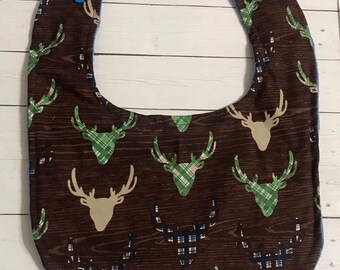 Deer Baby Bib and Burp Cloth Set- Plaid Brown Deer Pattern baby Bib- Plaid Deer Burp Cloth- Baby Bibs