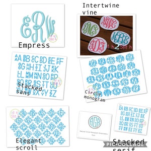 May include: A collage of different embroidery font styles for monograms. The styles include "Empress", "Stacked Sans", "Elegant Scroll", "Intertwine Vine", "Circle Monogram", and "Stacked Serif".