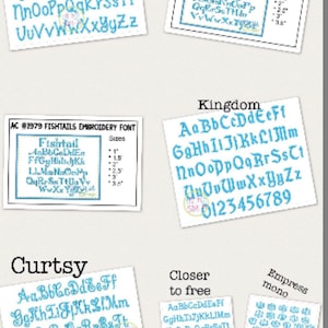 May include: A collage of various font samples, each displayed on a small, white rectangular card. The fonts vary in style, including cursive and block letters, and are presented in a light blue color. The image includes the text "Jack & Jill", "Kingdom", and "Curtsy".