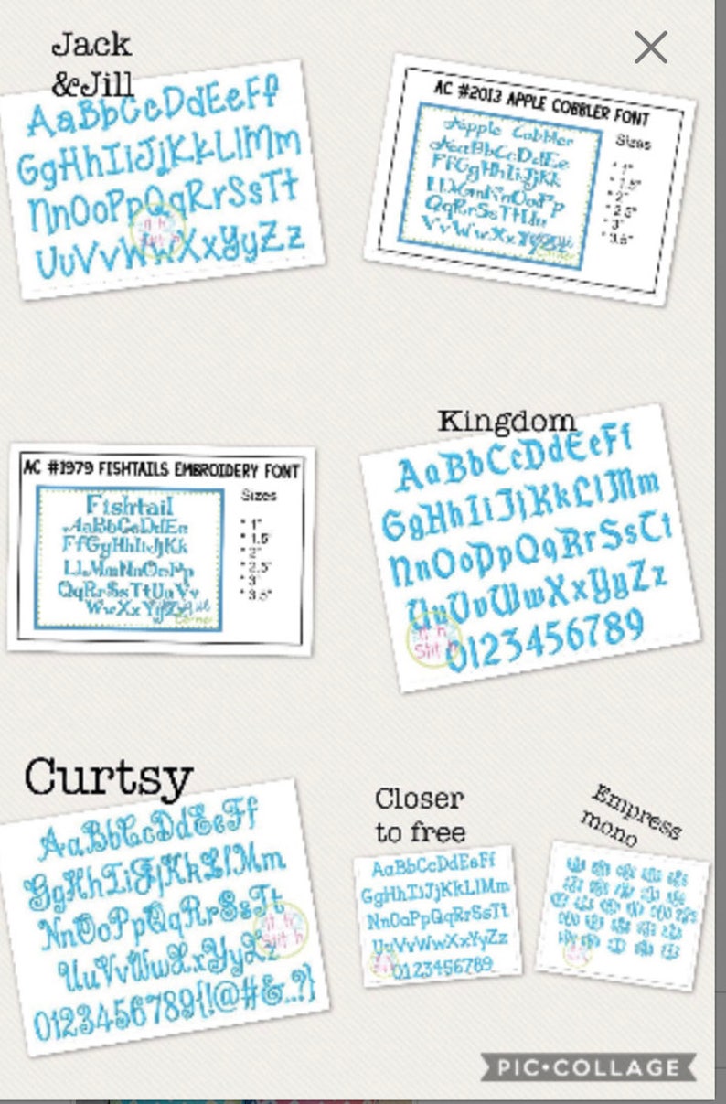 May include: A collage of various font samples, each displayed on a small, white rectangular card. The fonts vary in style, including cursive and block letters, and are presented in a light blue color. The image includes the text "Jack & Jill", "Kingdom", and "Curtsy".