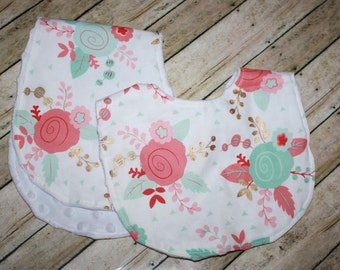 Bib and Burp cloth Set-White Floral Bib-White Floral Burp cloth- Monogram Bib-Monogram Burp Cloth