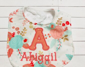 Floral Baby Bib: Personalized Monogram, Coral Applique