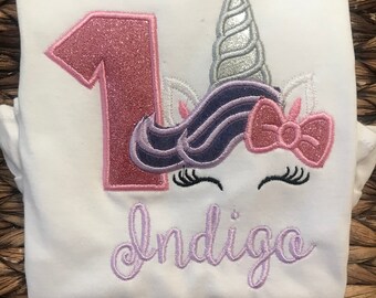Unicorn Birthday Shirt For Kids Personalized, Embroidered, Pink Purple and Glitter