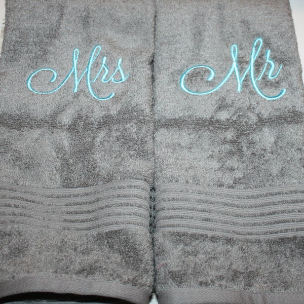 His and Hers Hand Towel Set- Mr and Mrs Hand Towel Set- Bathroom Towel Set- Hand Towels- Aqua and Gray Hand Towels- Wedding Gift- Gifts