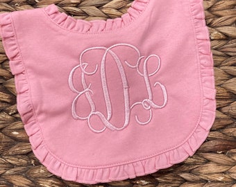 Monogram Baby Bib- Pink Ruffle Bib- Girls Personalized Bibs- Personalized Baby Gifts- Baby Girl Bib- Bibs-Baby Bib-Baby Shower Gift
