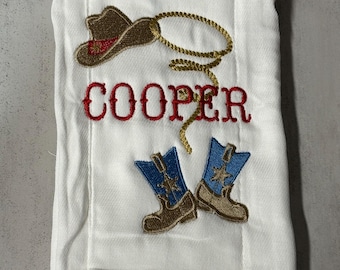 Personalized cowboy burp cloth, embroidered western baby gift, custom baby burp rag, cowboy boots and hat nursery, baby shower gift