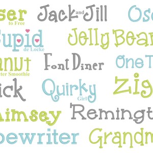 May include: A collection of 14 different font names written in various colors and styles. The fonts include Closer to Free, Cupid de Locke, Peanut Butter Smoothie, Jack and Jill, Jelly Bean, Oscar, Font Diner, One Thing, Nick, Quirky Girl, Ziggy, Whimsey, Typewriter, and Grandmas Garden.