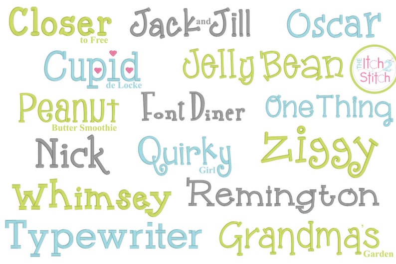 May include: A collection of 14 different font names written in various colors and styles. The fonts include Closer to Free, Cupid de Locke, Peanut Butter Smoothie, Jack and Jill, Jelly Bean, Oscar, Font Diner, One Thing, Nick, Quirky Girl, Ziggy, Whimsey, Typewriter, and Grandmas Garden.