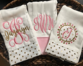 Burp Cloth set for Girls- Burp Cloth Set- Pink and Gold Burp Cloth Set- Monogram Burp Cloth Set- Personalized Burp Cloths- burp Rags