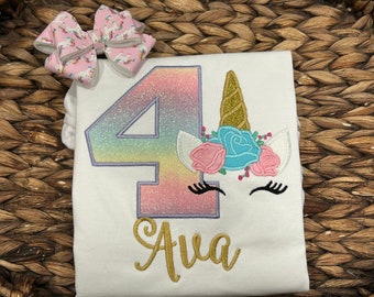 Personalized Unicorn Birthday Shirt: Glitter Rainbow, Embroidered Name