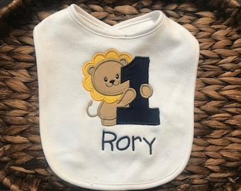 First Birthday Lion Baby Bib Personalized for Boy or Girl, Jungle First Birthday Theme Bib