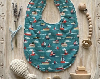 Handmade Sailboat Baby Bib, Nautical Sea Theme Drool Bib, Custom Embroidered Feeding Bib, Soft Cotton Infant Bib, Unique New Baby Gift