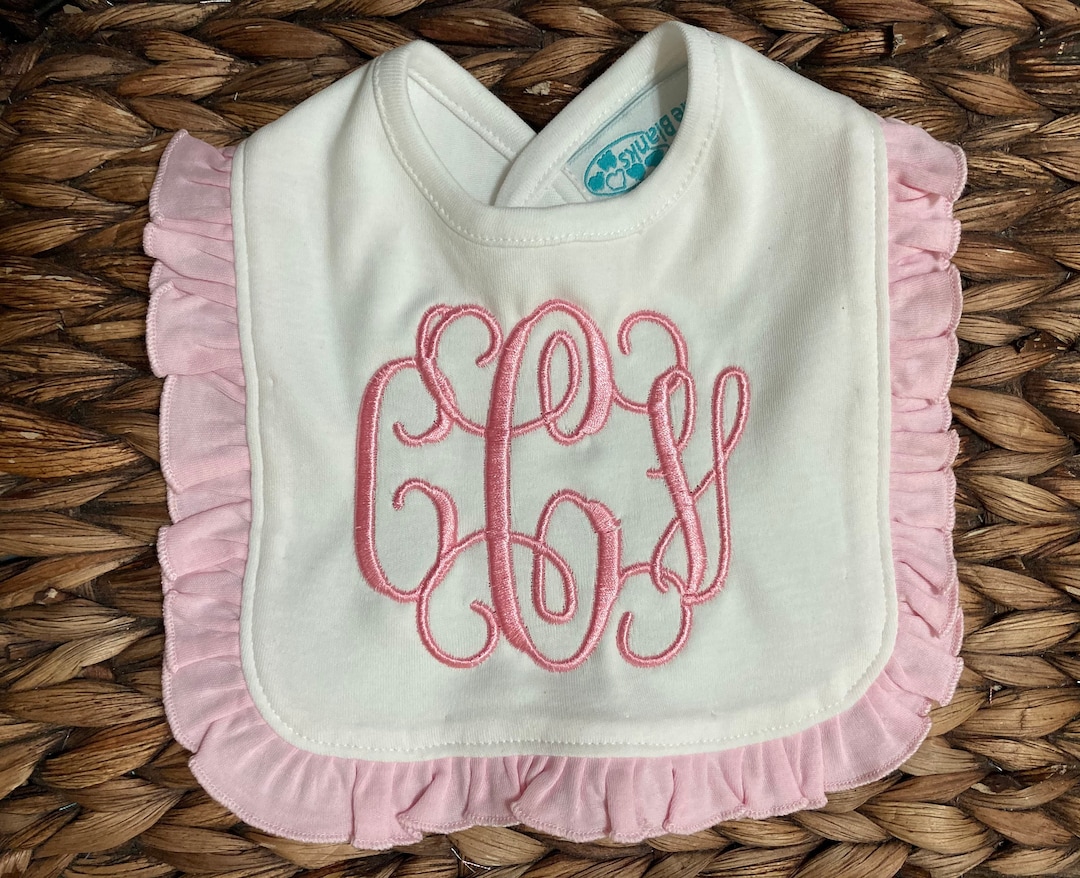 Pink Ruffle Bib Monogram Baby Bib- White and Pink Ruffle Baby Bib- Baby Bib ...