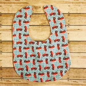 Handmade Tractor Baby Bib: Blue Cotton, White Minky Back