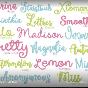 May include: A collection of cursive font names in various colors, including pink, blue, green, and yellow. The fonts are displayed in a decorative style, with some featuring script or handwritten elements. The names include Ballerina, Starstruck, Xiomara, Corinthia, Lettres, Smoothie, Hello, Madison, Inspiration, Pretty, Magnolia, Autumn, Watermelon, Lemon, Mister, Anonymous, and Miss.