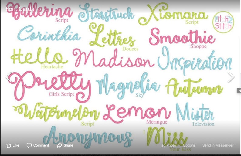 May include: A collection of cursive font names in various colors, including pink, blue, green, and yellow. The fonts are displayed in a decorative style, with some featuring script or handwritten elements. The names include Ballerina, Starstruck, Xiomara, Corinthia, Lettres, Smoothie, Hello, Madison, Inspiration, Pretty, Magnolia, Autumn, Watermelon, Lemon, Mister, Anonymous, and Miss.