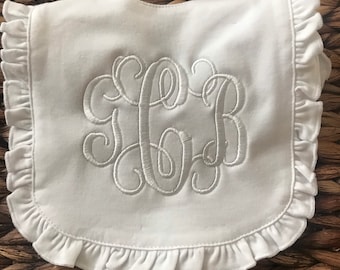 Monogram Baby Bib- White Monogram Ruffle Baby bib- Baby Bibs- Bibs- Personalized Baby Bibs-Baby Girl Bib