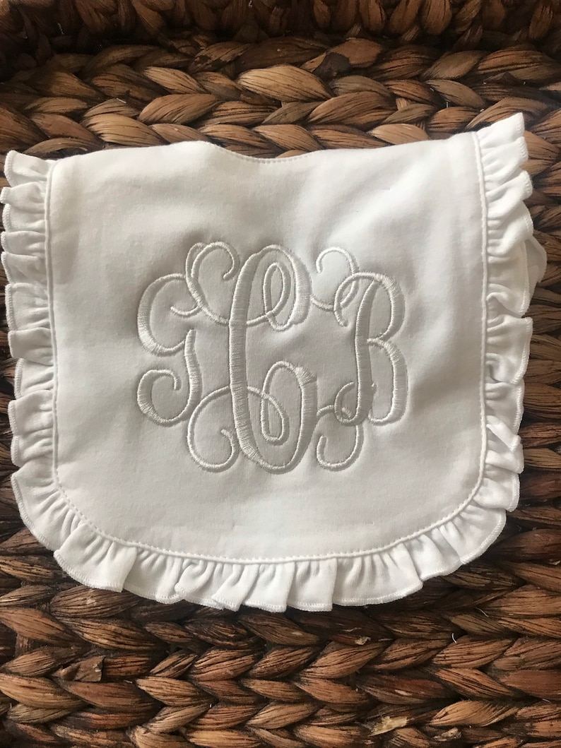 Monogram Baby Bib White Monogram Ruffle Baby bib Baby Bibs Bibs Personalized Baby Bibs-Baby Girl Bib image 1