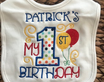 Embroidered 1st Birthday Baby Bib – Customizable Balloon Design