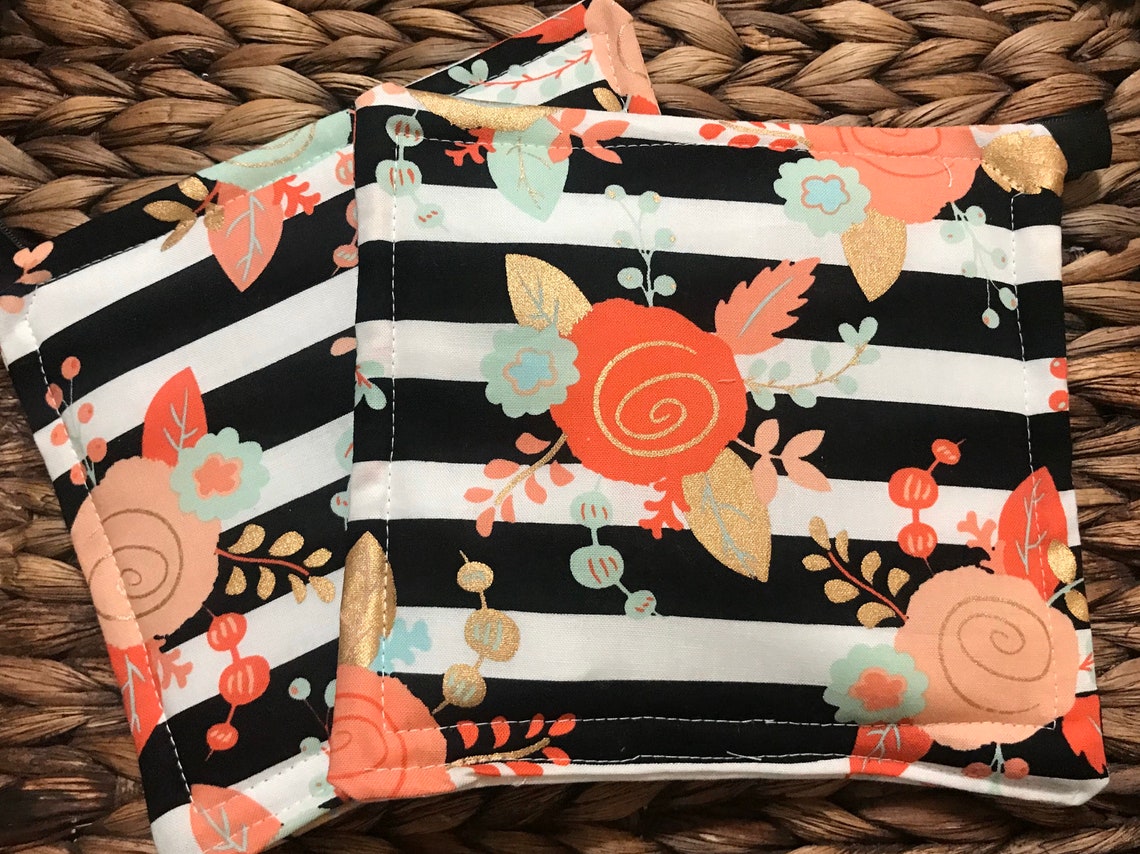 Floral Pot Holder Set Coral and Mint Pot Holders Kitchen Pot Etsy