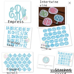 May include: A collage of monogram designs in various styles. Featured are the "Empress" style, "Intertwine vine" monograms, "Stacked sans" and "Stacked serif" alphabets, "Circle monogram" designs, and "Elegant scroll" monograms. Each design is in a different font.