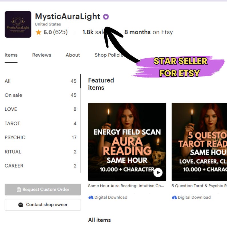 May include: The Etsy shop page for MysticAuraLight displays a shop logo, a 5.0 star rating with 625 reviews, 1.8k sales, and a Star Seller badge. The page lists categories including Love, Tarot, Psychic, Ritual, and Career, alongside featured digital download items.