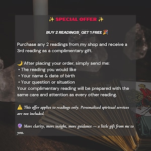 May include: A digital graphic with a dark background featuring a white candle, crystals, and a fan of tarot cards. The text reads: SPECIAL OFFER, BUY 2 READINGS, GET 1 FREE. It outlines instructions for ordering readings, including providing a name and birth date.