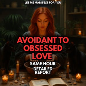 May include: An image featuring a woman with red hair, surrounded by candles and black cats. Text overlay reads "Avoidant to Obsessed Love" and "Same Hour Detailed Report". The scene evokes a mystical or spiritual theme.
