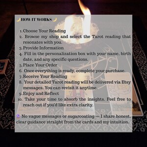 May include: Image of a candle flame illuminating a tarot reading guide. The text reads "HOW IT WORKS" and details the steps for a personalized reading, including choosing a reading, providing information, and receiving insights via Etsy messages.