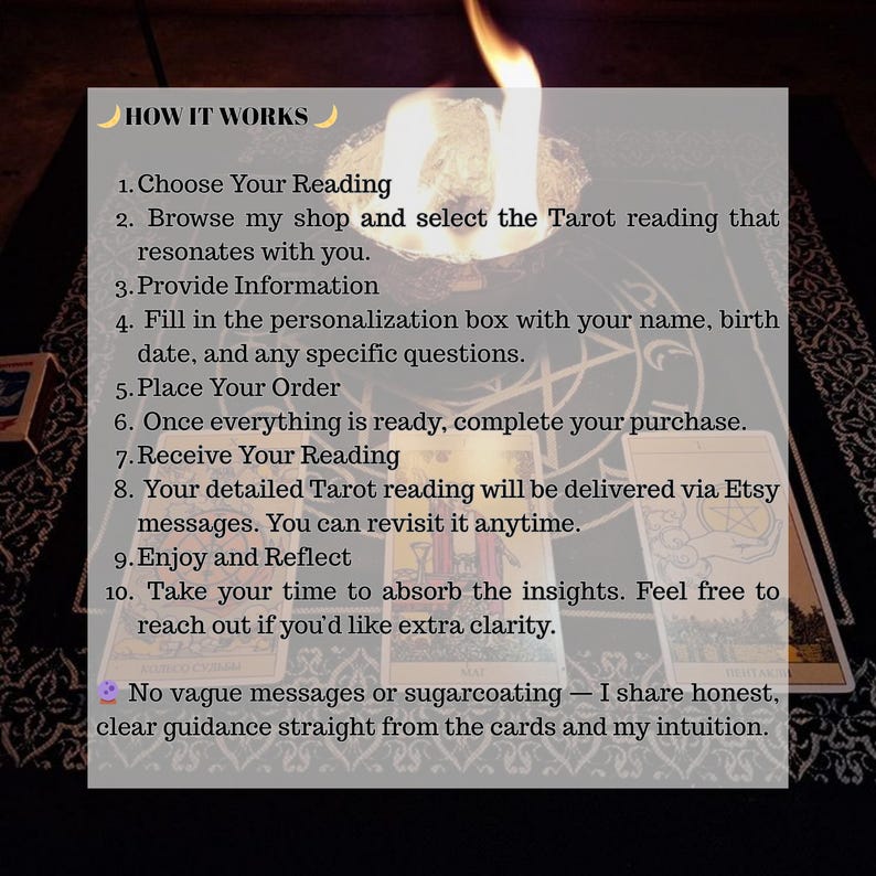 May include: Image of a candle flame illuminating a tarot reading guide. The text reads "HOW IT WORKS" and details the steps for a personalized reading, including choosing a reading, providing information, and receiving insights via Etsy messages.