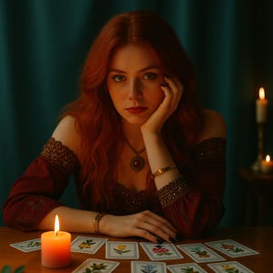 May include: A woman with long red hair and a burgundy dress sits at a wooden table. Tarot cards are laid out in front of her, with a lit orange candle to the left. A gold bracelet and necklace are visible.