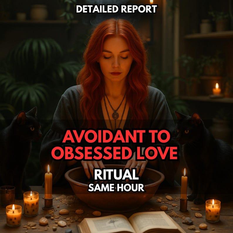 May include: An image with the text "DETAILED REPORT" at the top. Below, the text "AVOIDANT TO OBSESSED LOVE RITUAL SAME HOUR" is displayed in red. A person with red hair is centered, with two black cats on either side. Candles and a bowl are on the table.