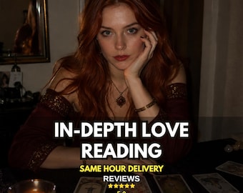 Op de afbeelding: Een persoon met lang kastanjebruin haar draagt een donkerrode off-shoulder top met gouden randen, een ketting en een armband. Tekst: IN-DEPTH LOVE READING, SAME HOUR DELIVERY, REVIEWS, 5.0, @MYSTICAURALIGHT. Tarotkaarten en een brandende kaars zijn zichtbaar.