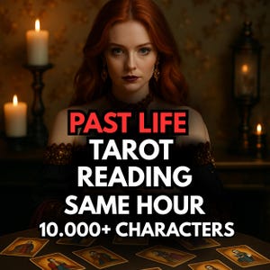 Puede incluir: Una mujer pelirroja con labios oscuros está sentada en una mesa con cartas del tarot. El texto "PAST LIFE TAROT READING SAME HOUR 10.000+ CHARACTERS" está superpuesto en la imagen. Hay velas encendidas en el fondo.